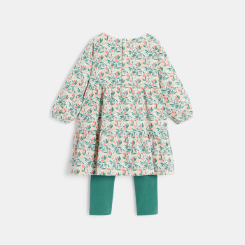 فستان انسيابي برسوم أزهار وطماق باللون الأخضر للفتيات الصغيرات